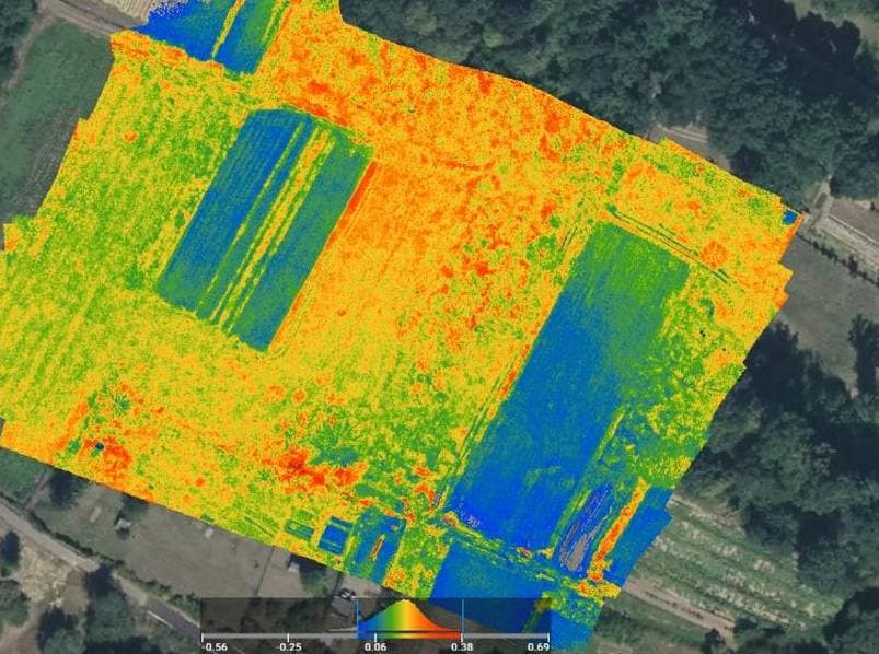 Orthomosaïque NDVI d'une parcelle agricole capturée par drone multispectral