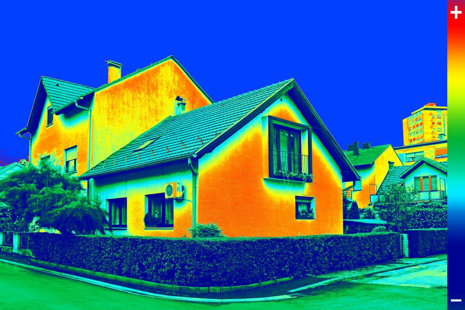 Image thermique aérienne d'une façade de bâtiment révélant les déperditions de chaleur